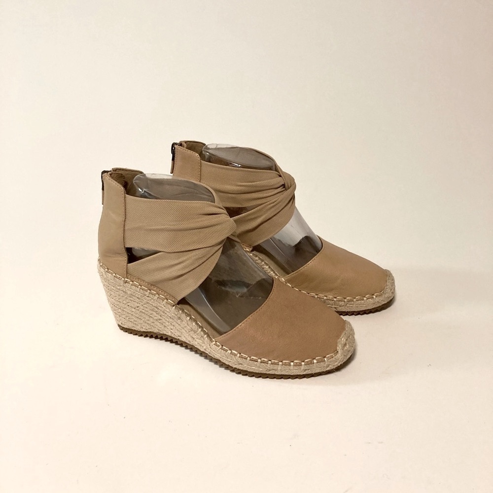 Eileen Fisher Cream Leather Ankle Fabric Strap Espadrille Wedges size 6